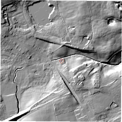 Shaded relief map of the ground around TS285AB, computed from Environment Agency LiDAR. The ground here sits at about 117 m above sea level and falls 18 m across the surrounding 800 m. Surface water reaching this point runs off ground lying to the south-south-west, 15.0 m higher.