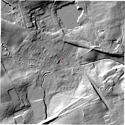 Shaded relief map of the ground around TS285AD, computed from Environment Agency LiDAR. The ground here sits at about 117 m above sea level and falls 17 m across the surrounding 800 m. Surface water reaching this point runs off ground lying to the north-west, 3.0 m higher.