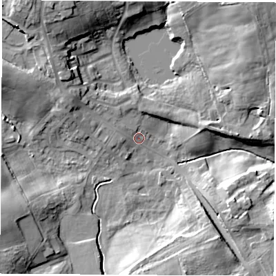 Shaded relief map of the ground around TS285AG, computed from Environment Agency LiDAR. The ground here sits at about 117 m above sea level and falls 18 m across the surrounding 800 m. Surface water reaching this point runs off ground lying to the west-north-west, 6.7 m higher.