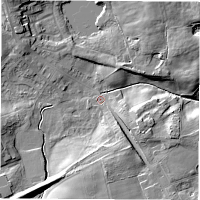 Shaded relief map of the ground around TS285DA, computed from Environment Agency LiDAR. The ground here sits at about 117 m above sea level and falls 18 m across the surrounding 800 m. Surface water reaching this point runs off ground lying to the south, 12.8 m higher.