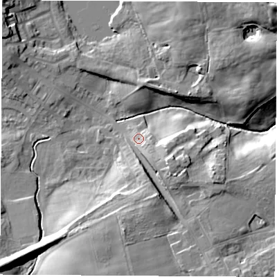 Shaded relief map of the ground around TS285DG, computed from Environment Agency LiDAR. The ground here sits at about 119 m above sea level and falls 18 m across the surrounding 800 m. Surface water reaching this point runs off ground lying to the south-east, 8.2 m higher.