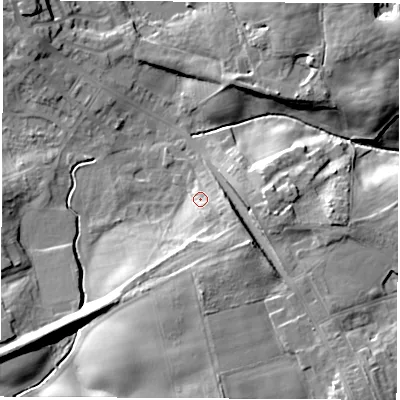 Shaded relief map of the ground around TS285DH, computed from Environment Agency LiDAR. The ground here sits at about 120 m above sea level and falls 19 m across the surrounding 800 m. Surface water reaching this point runs off ground lying to the south-east, 6.1 m higher.