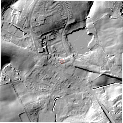 Shaded relief map of the ground around TS285FD, computed from Environment Agency LiDAR. The ground here sits at about 119 m above sea level and falls 21 m across the surrounding 800 m. Surface water reaching this point runs off ground lying to the west, 5.8 m higher.
