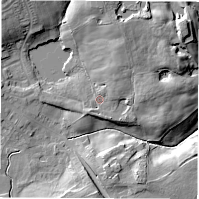 Shaded relief map of the ground around TS285JT, computed from Environment Agency LiDAR. The ground here sits at about 121 m above sea level and falls 23 m across the surrounding 800 m. Surface water reaching this point runs off ground lying to the north-north-east, 10.5 m higher.