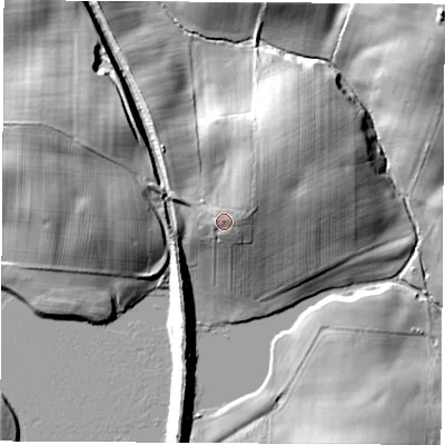 Shaded relief map of the ground around TS285NQ, computed from Environment Agency LiDAR. The ground here sits at about 126 m above sea level and falls 23 m across the surrounding 800 m. Surface water reaching this point runs off ground lying to the east-north-east, 1.9 m higher.
