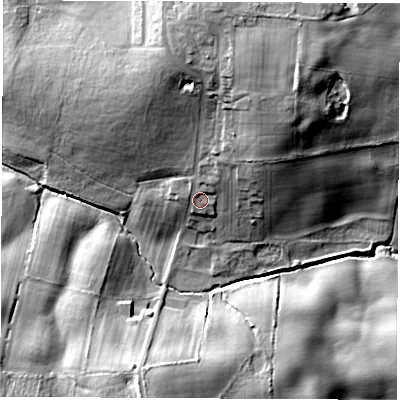 Shaded relief map of the ground around TS296LP, computed from Environment Agency LiDAR. The ground here sits at about 135 m above sea level and falls 33 m across the surrounding 800 m. Surface water reaching this point runs off ground lying to the north-north-east, 20.9 m higher.