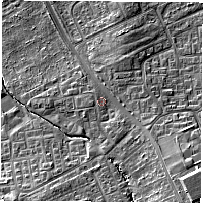 Shaded relief map of the ground around TS30JZ, computed from Environment Agency LiDAR. The ground here sits at about 23 m above sea level and falls 18 m across the surrounding 800 m. Surface water reaching this point runs off ground lying to the south-south-east, 2.7 m higher.