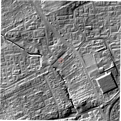 Shaded relief map of the ground around TS30NR, computed from Environment Agency LiDAR. The ground here sits at about 25 m above sea level and falls 17 m across the surrounding 800 m. Surface water reaching this point runs off ground lying to the south-east, 9.3 m higher.