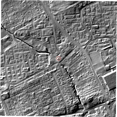 Shaded relief map of the ground around TS30NW, computed from Environment Agency LiDAR. The ground here sits at about 25 m above sea level and falls 18 m across the surrounding 800 m. Surface water reaching this point runs off ground lying to the south-east, 1.4 m higher.