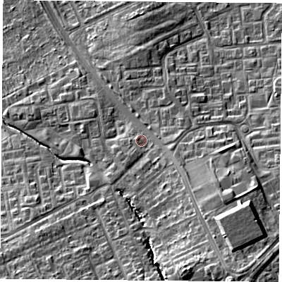 Shaded relief map of the ground around TS30PN, computed from Environment Agency LiDAR. The ground here sits at about 24 m above sea level and falls 17 m across the surrounding 800 m. Surface water reaching this point runs off ground lying to the south-east, 10.6 m higher.