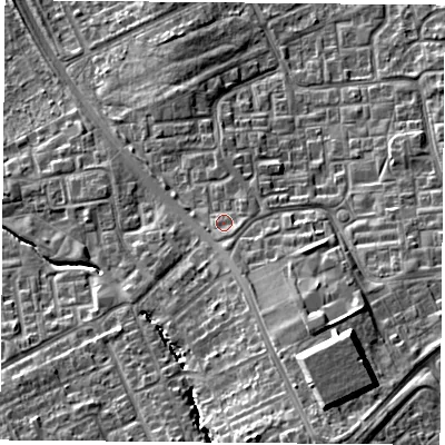 Shaded relief map of the ground around TS30PP, computed from Environment Agency LiDAR. The ground here sits at about 25 m above sea level and falls 17 m across the surrounding 800 m. Surface water reaching this point runs off ground lying to the south-south-east, 1.2 m higher.