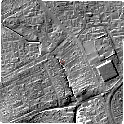Shaded relief map of the ground around TS30PQ, computed from Environment Agency LiDAR. The ground here sits at about 26 m above sea level and falls 16 m across the surrounding 800 m. Surface water reaching this point runs off ground lying to the south-east, 10.9 m higher.
