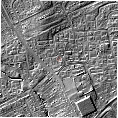 Shaded relief map of the ground around TS30PR, computed from Environment Agency LiDAR. The ground here sits at about 24 m above sea level and falls 17 m across the surrounding 800 m. Surface water reaching this point runs off ground lying to the south, 1.7 m higher.