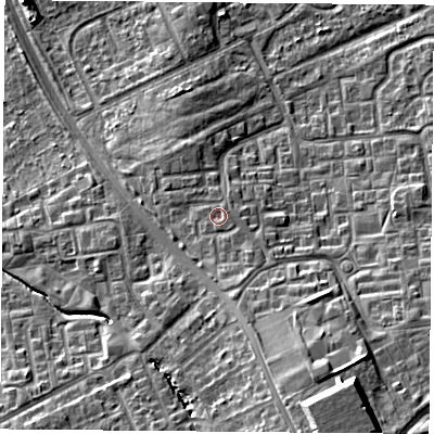 Shaded relief map of the ground around TS30PU, computed from Environment Agency LiDAR. The ground here sits at about 23 m above sea level and falls 17 m across the surrounding 800 m. Surface water reaching this point runs off ground lying to the south-south-east, 2.0 m higher.