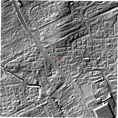 Shaded relief map of the ground around TS30PW, computed from Environment Agency LiDAR. The ground here sits at about 23 m above sea level and falls 17 m across the surrounding 800 m. Surface water reaching this point runs off ground lying to the south-east, 3.2 m higher.