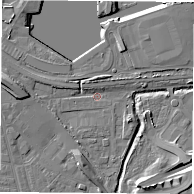 Shaded relief map of the ground around TS36AF, computed from Environment Agency LiDAR. The ground here sits at about 4 m above sea level and falls 13 m across the surrounding 800 m. Surface water reaching this point runs off ground lying to the west, 7.7 m higher.