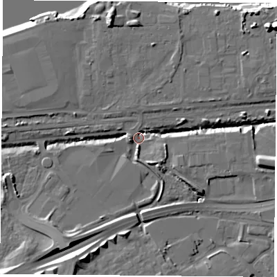 Shaded relief map of the ground around TS36AR, computed from Environment Agency LiDAR. The ground here sits at about 4 m above sea level and falls 15 m across the surrounding 800 m. Surface water reaching this point runs off ground lying to the south-south-east, 6.4 m higher.
