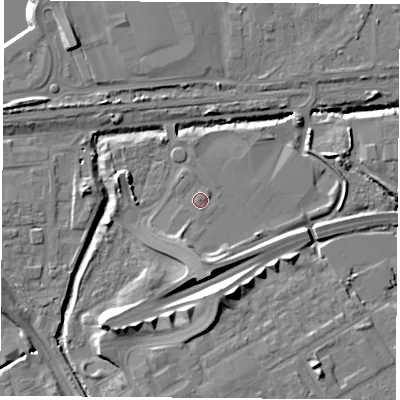 Shaded relief map of the ground around TS36AT, computed from Environment Agency LiDAR. The ground here sits at about 5 m above sea level and falls 15 m across the surrounding 800 m. Surface water reaching this point runs off ground lying to the south-south-west, 3.7 m higher.