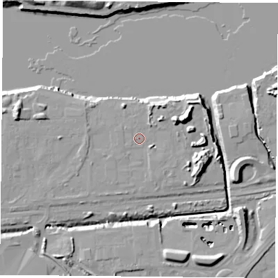 Shaded relief map of the ground around TS36AU, computed from Environment Agency LiDAR. The ground here sits at about 5 m above sea level and falls 16 m across the surrounding 800 m. Surface water reaching this point runs off ground lying to the south-east, 2.9 m higher.