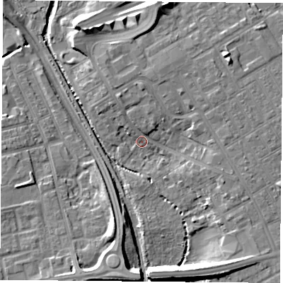 Shaded relief map of the ground around TS36EE, computed from Environment Agency LiDAR. The ground here sits at about 6 m above sea level and falls 13 m across the surrounding 800 m. Surface water reaching this point runs off ground lying to the north, 3.4 m higher.