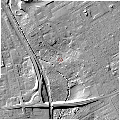 Shaded relief map of the ground around TS36EH, computed from Environment Agency LiDAR. The ground here sits at about 5 m above sea level and falls 13 m across the surrounding 800 m. Surface water reaching this point runs off ground lying to the east, 3.2 m higher.