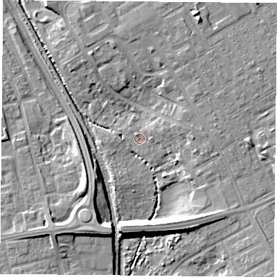 Shaded relief map of the ground around TS36EJ, computed from Environment Agency LiDAR. The ground here sits at about 5 m above sea level and falls 12 m across the surrounding 800 m. Surface water reaching this point runs off ground lying to the east-north-east, 2.7 m higher.