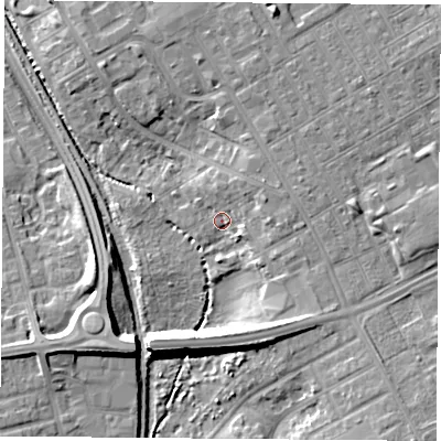 Shaded relief map of the ground around TS36EL, computed from Environment Agency LiDAR. The ground here sits at about 6 m above sea level and falls 12 m across the surrounding 800 m. Surface water reaching this point runs off ground lying to the east, 4.5 m higher.