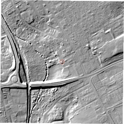 Shaded relief map of the ground around TS36ES, computed from Environment Agency LiDAR. The ground here sits at about 8 m above sea level and falls 12 m across the surrounding 800 m. Surface water reaching this point runs off ground lying to the south-east, 3.7 m higher.