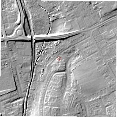 Shaded relief map of the ground around TS37AU, computed from Environment Agency LiDAR. The ground here sits at about 7 m above sea level and falls 11 m across the surrounding 800 m. Surface water reaching this point runs off ground lying to the south-east, 9.5 m higher.