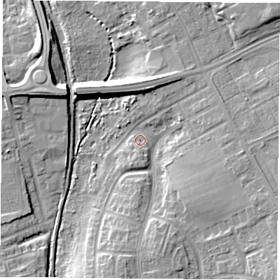 Shaded relief map of the ground around TS37AX, computed from Environment Agency LiDAR. The ground here sits at about 7 m above sea level and falls 12 m across the surrounding 800 m. Surface water reaching this point runs off ground lying to the south-east, 9.0 m higher.