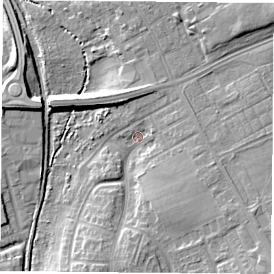 Shaded relief map of the ground around TS37AY, computed from Environment Agency LiDAR. The ground here sits at about 7 m above sea level and falls 13 m across the surrounding 800 m. Surface water reaching this point runs off ground lying to the east-north-east, 3.1 m higher.