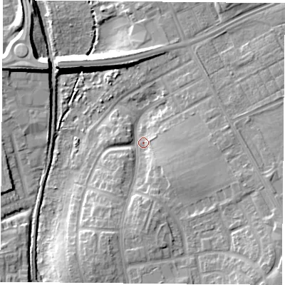 Shaded relief map of the ground around TS37AZ, computed from Environment Agency LiDAR. The ground here sits at about 7 m above sea level and falls 13 m across the surrounding 800 m. Surface water reaching this point runs off ground lying to the south-east, 9.7 m higher.