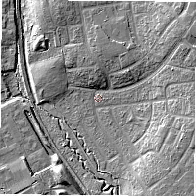 Shaded relief map of the ground around TS37DE, computed from Environment Agency LiDAR. The ground here sits at about 11 m above sea level and falls 14 m across the surrounding 800 m. Surface water reaching this point runs off ground lying to the south-east, 8.5 m higher.
