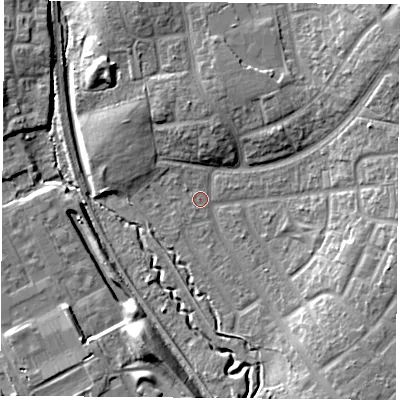 Shaded relief map of the ground around TS37DF, computed from Environment Agency LiDAR. The ground here sits at about 11 m above sea level and falls 13 m across the surrounding 800 m. Surface water reaching this point runs off ground lying to the south-east, 8.6 m higher.