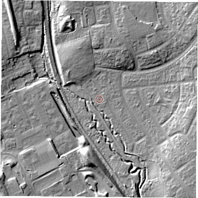 Shaded relief map of the ground around TS37DG, computed from Environment Agency LiDAR. The ground here sits at about 11 m above sea level and falls 13 m across the surrounding 800 m. Surface water reaching this point runs off ground lying to the east, 0.5 m higher.