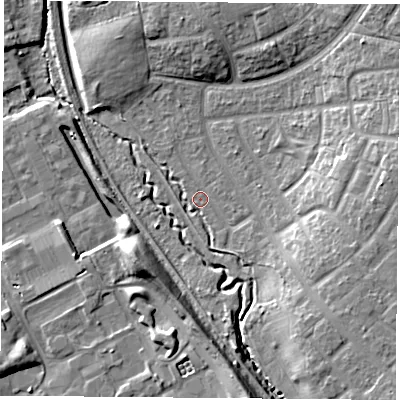 Shaded relief map of the ground around TS37DH, computed from Environment Agency LiDAR. The ground here sits at about 12 m above sea level and falls 15 m across the surrounding 800 m. Surface water reaching this point runs off ground lying to the south-east, 2.8 m higher.