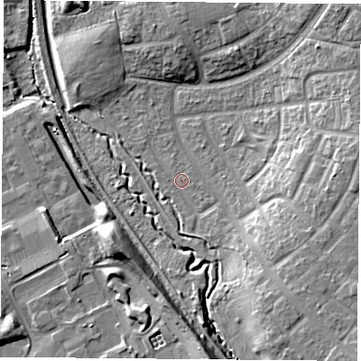 Shaded relief map of the ground around TS37DJ, computed from Environment Agency LiDAR. The ground here sits at about 12 m above sea level and falls 14 m across the surrounding 800 m. Surface water reaching this point runs off ground lying to the south-east, 2.8 m higher.