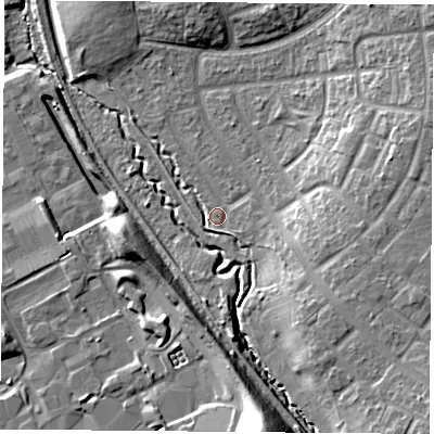 Shaded relief map of the ground around TS37DL, computed from Environment Agency LiDAR. The ground here sits at about 13 m above sea level and falls 21 m across the surrounding 800 m. Surface water reaching this point runs off ground lying to the east-south-east, 2.2 m higher.