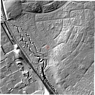Shaded relief map of the ground around TS37DN, computed from Environment Agency LiDAR. The ground here sits at about 13 m above sea level and falls 19 m across the surrounding 800 m. Surface water reaching this point runs off ground lying to the south-east, 9.5 m higher.