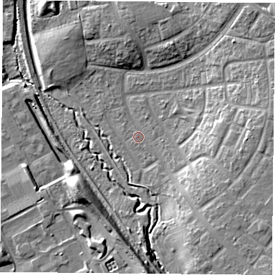Shaded relief map of the ground around TS37DP, computed from Environment Agency LiDAR. The ground here sits at about 12 m above sea level and falls 14 m across the surrounding 800 m. Surface water reaching this point runs off ground lying to the south-east, 8.8 m higher.