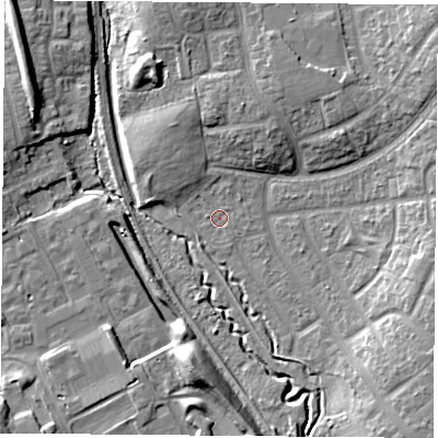 Shaded relief map of the ground around TS37DQ, computed from Environment Agency LiDAR. The ground here sits at about 11 m above sea level and falls 13 m across the surrounding 800 m. Surface water reaching this point runs off ground lying to the south-east, 8.7 m higher.