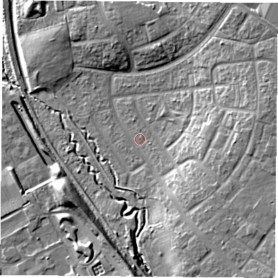 Shaded relief map of the ground around TS37DW, computed from Environment Agency LiDAR. The ground here sits at about 12 m above sea level and falls 14 m across the surrounding 800 m. Surface water reaching this point runs off ground lying to the south-east, 8.9 m higher.