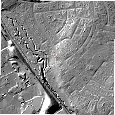 Shaded relief map of the ground around TS37NQ, computed from Environment Agency LiDAR. The ground here sits at about 15 m above sea level and falls 20 m across the surrounding 800 m. Surface water reaching this point runs off ground lying to the south-east, 7.2 m higher.