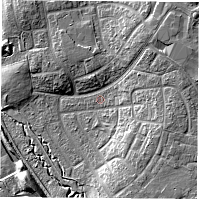 Shaded relief map of the ground around TS37PH, computed from Environment Agency LiDAR. The ground here sits at about 11 m above sea level and falls 11 m across the surrounding 800 m. Surface water reaching this point runs off ground lying to the east-north-east, 3.7 m higher.