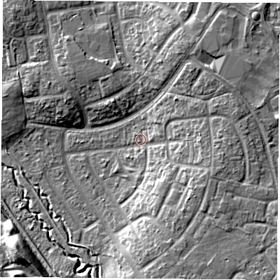 Shaded relief map of the ground around TS37PJ, computed from Environment Agency LiDAR. The ground here sits at about 12 m above sea level and falls 11 m across the surrounding 800 m. Surface water reaching this point runs off ground lying to the south-east, 7.3 m higher.