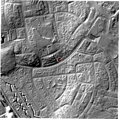 Shaded relief map of the ground around TS37PQ, computed from Environment Agency LiDAR. The ground here sits at about 12 m above sea level and falls 11 m across the surrounding 800 m. Surface water reaching this point runs off ground lying to the east, 6.3 m higher.