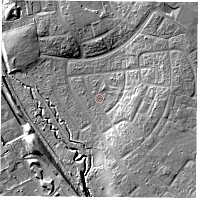 Shaded relief map of the ground around TS37PS, computed from Environment Agency LiDAR. The ground here sits at about 12 m above sea level and falls 12 m across the surrounding 800 m. Surface water reaching this point runs off ground lying to the south-east, 8.6 m higher.