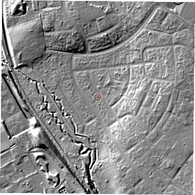 Shaded relief map of the ground around TS37PT, computed from Environment Agency LiDAR. The ground here sits at about 12 m above sea level and falls 14 m across the surrounding 800 m. Surface water reaching this point runs off ground lying to the south-east, 8.2 m higher.