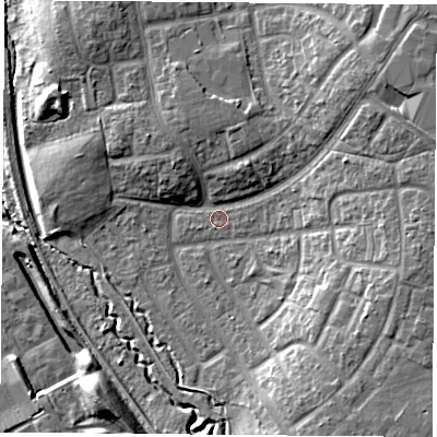 Shaded relief map of the ground around TS37PX, computed from Environment Agency LiDAR. The ground here sits at about 11 m above sea level and falls 14 m across the surrounding 800 m. Surface water reaching this point runs off ground lying to the east-south-east, 8.4 m higher.