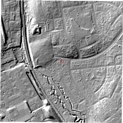 Shaded relief map of the ground around TS37PY, computed from Environment Agency LiDAR. The ground here sits at about 11 m above sea level and falls 14 m across the surrounding 800 m. Surface water reaching this point runs off ground lying to the south-east, 8.4 m higher.